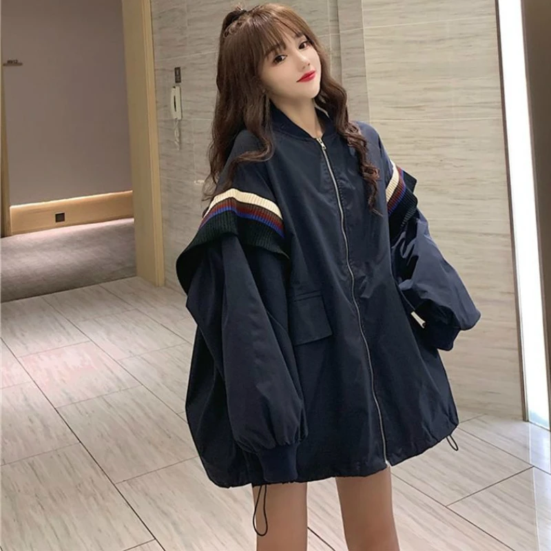 

Women Chic Harajuku Retro Outerwear Basic Jackets Autumn Loose Patchwork Korean Style Zipper Casual Streetwear Bf Ulzzang Style