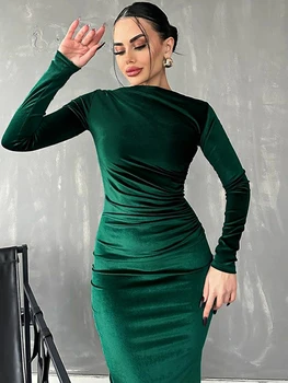 Dulzura 2024 Spring Summer Velvet Long Sleeve Midi Dress For Women Ruched Long Dress Elegant Party Clothes Evening Green Outfits 1