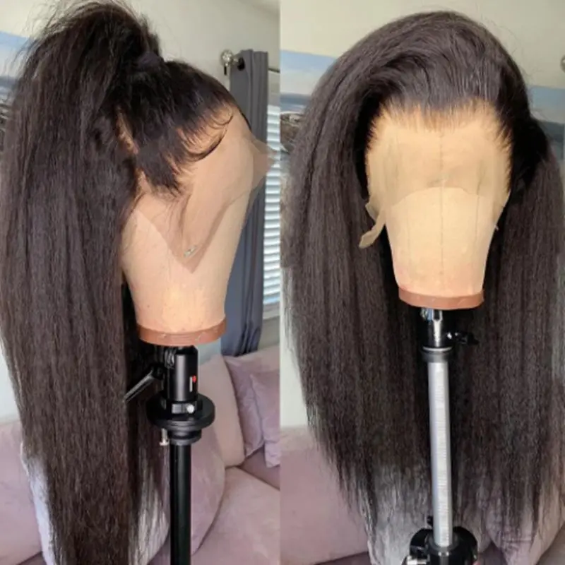 

180Density Natural Black Long Soft 26Inch Yaki Kinky Straight Lace Front Wig for Women BabyHair Glueless Daily Heat Resistant