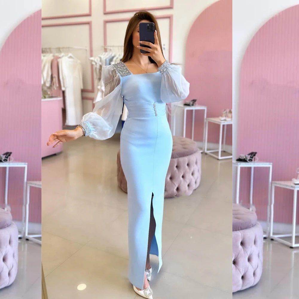 Jersey Beading Pleat Clubbing Sheath Square Neck Bespoke Occasion Gown Long Sleeve Dresses