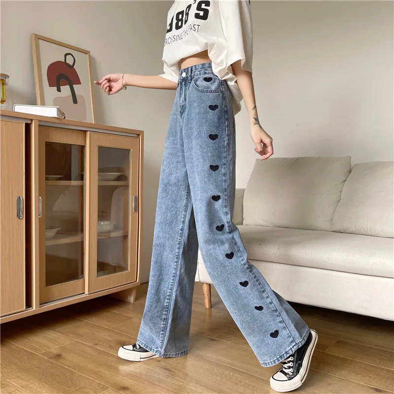 Women's Jeans Button High Waisted Jeans for Women Y2k Trousers for Girls Wide Leg Jeans Long Pants High Waist Embroidered Heart buckle jeans