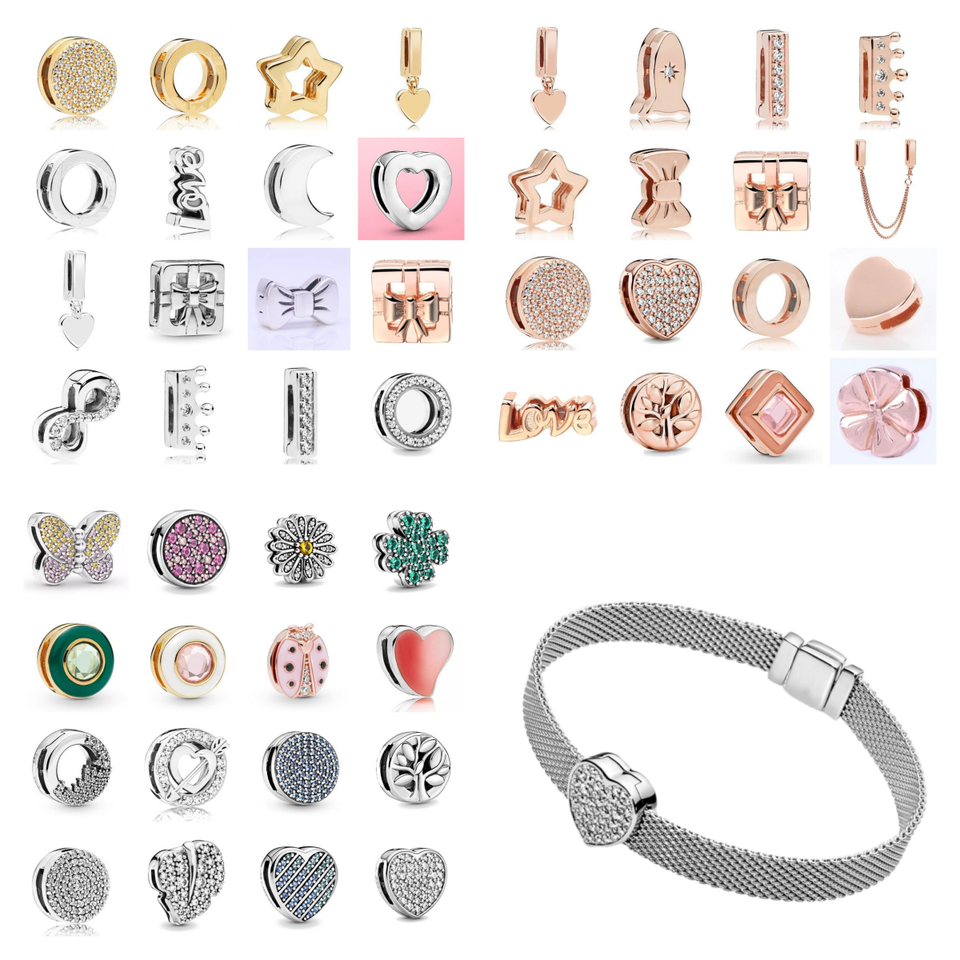 Europe NEW 925 Plated Silver HEART Charm Star Bead Green Clover Clip Fit Original Pan thin Bracelet Jewelry For Gift