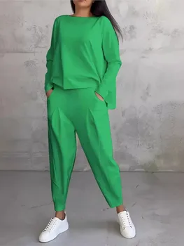 Spring Autumn Solid Women's Sports Suit Fashion Long Sleeve Irregular Loose Top Harem Pants Two Piece Set 2024 For Women Outfits