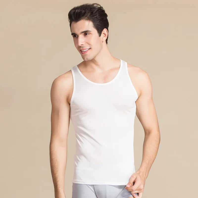 Birdsky, 1PC Men sleeveless top vest underwear sleep tops O neck 30% real mulberry silk 70% viscose 7 solid colors. S-938