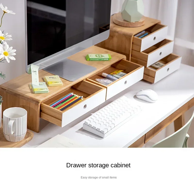 Computer Monitor Elevated Rack Desktop Bamboo Storage Drawer Shelving Desk Storage Cabinet