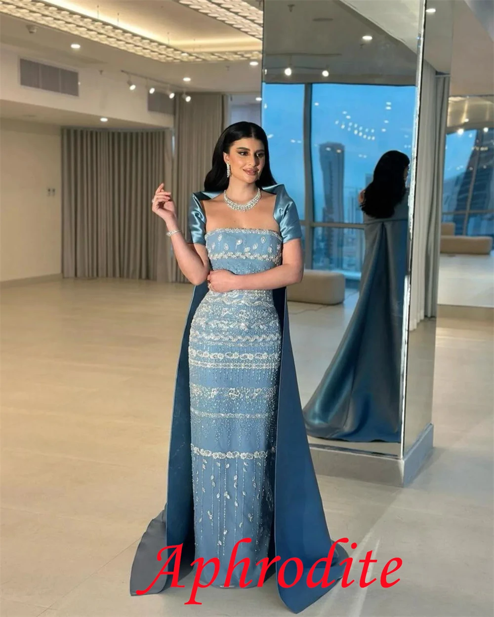 فستان سهرة أنيق من الساتان الأزرق مخصص رائع بدون ح...