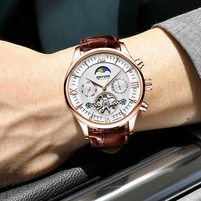 KINYUED Brandneue mechanische Mondphasenuhr für Herren, hohle Tourbillon-Uhren, Wochendatum, Herrenuhr, wasserdicht, automatische Uhren_voghion.com