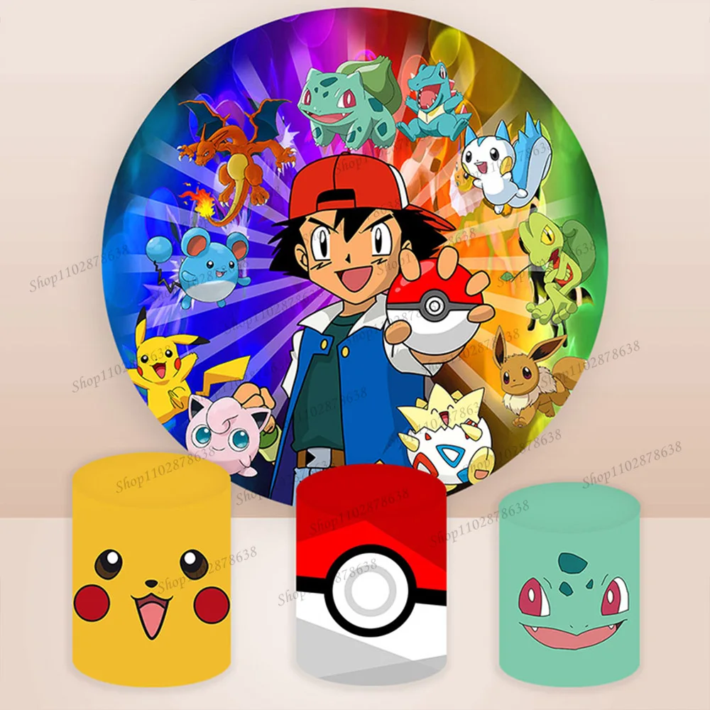 Pokemon Birthday Party Fondali Round Covers Decor Kids Boys Baby Shower Background Pocket Monster Pikachu Cilindro Elastico
