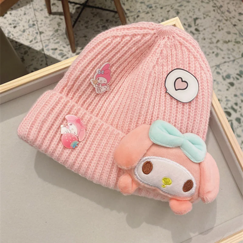 

Sanrio Plush Knitted Hat My Melody Cinnamoroll Kuromi Children Knitted Cap Soft Stuffed Plushie Winter Kids Hat Knit Bonnet Gift