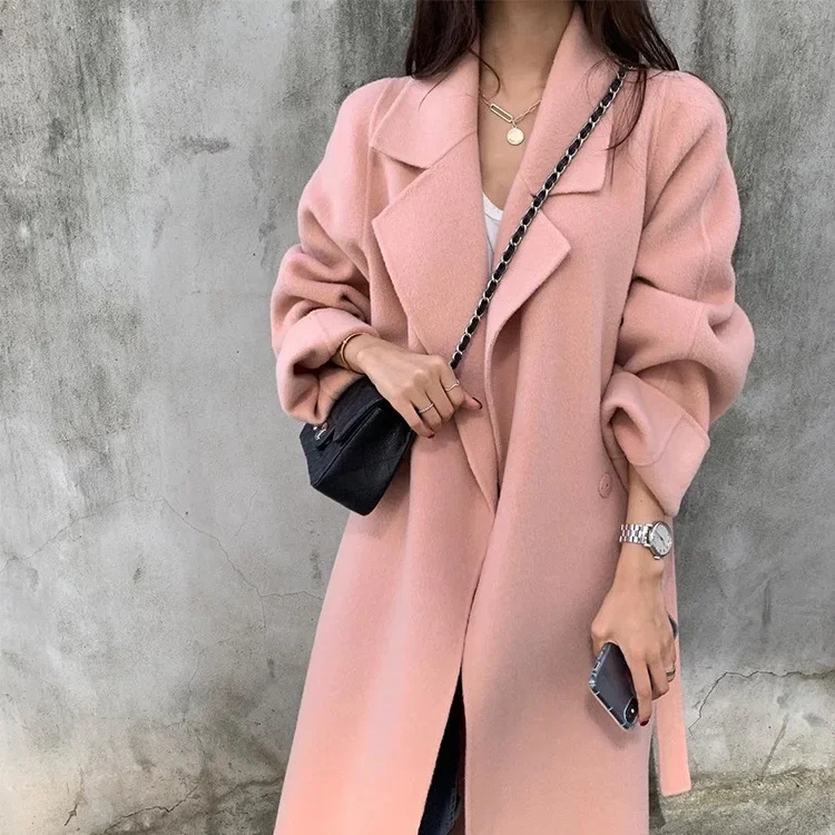 Solid Wool Coats for Women 2023 Fall Winter New Korean Long Sleeve Turn Down Collar Coats Loose Button Up Long Jacket