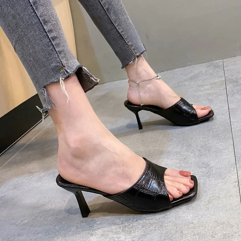 Women High Heels Slippers Summer New Fashion Square Toe Flip Flops Sandals Design Open Toe Slingback Slides Female Pumps