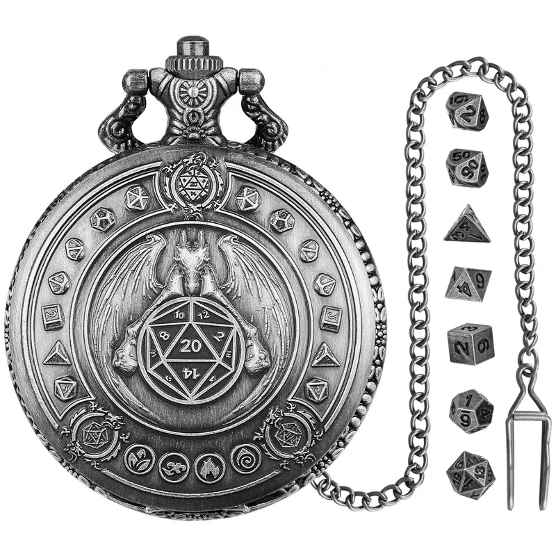 Vintage-Taschenuhrengehäuse mit Drachenflügeln und 7-teiligem, winziges, polyedrisches Metallwürfel-Set, Rollenspiel-Brettspiele-Zubehör – Detail 6