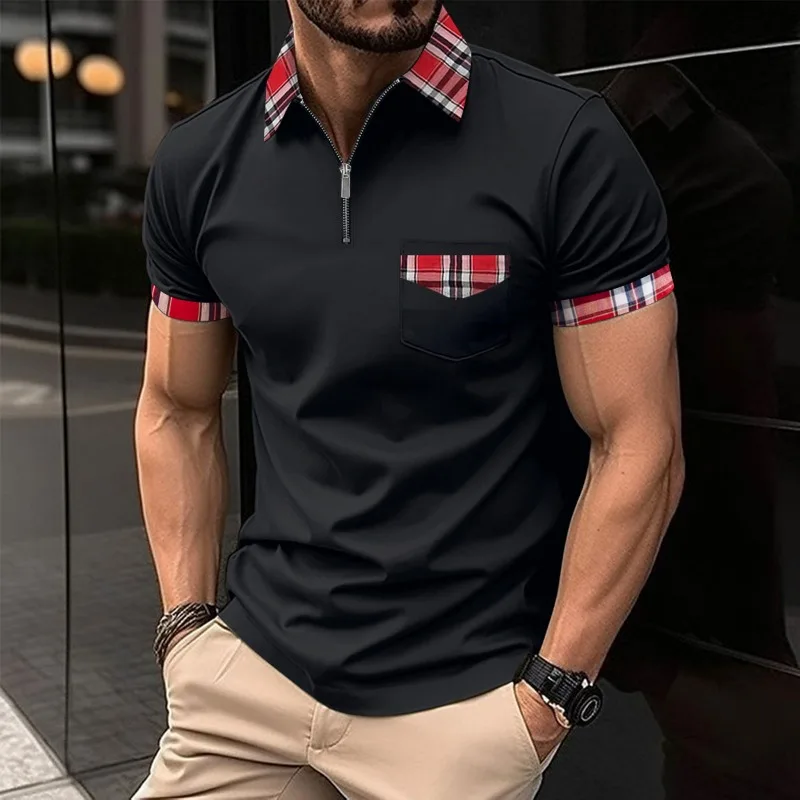 Polo da uomo a quadri con cerniera e tasche, maglietta estiva casual sportiva a maniche corte - immagine 5