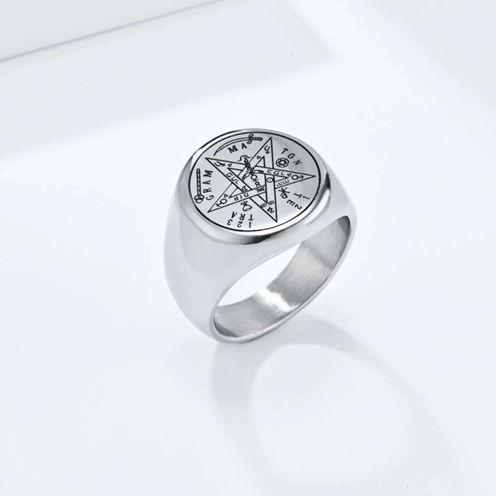 Magic Ring Jewish Tetragrammaton Hebrew Pentagram Rings Stainless Steel Pentacle Ring for Men Witchcraft Power Protection Amulet Jewely