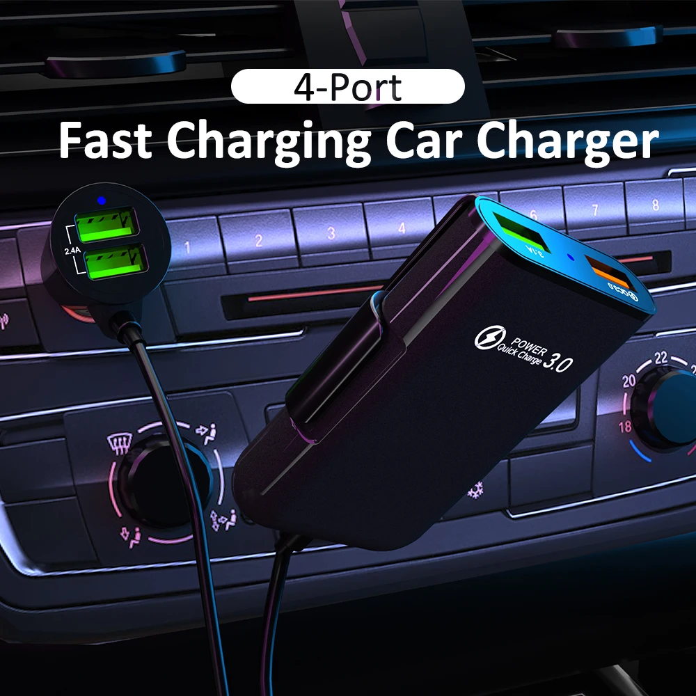 Universal 4 Ports USB Car Charger Front Seat Back Seat QC3.0 Quick Charging USB Adapter for Car Charger USB Fast Charger