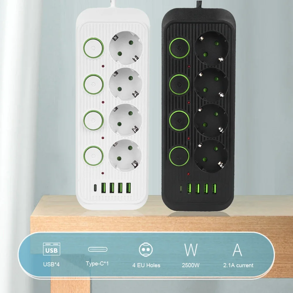 European Standard Power Strip with USB Ports and Network Filter, Individual Switch, EU Plug
