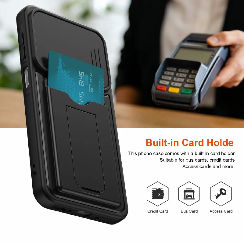 Mech Sliding Lens Card Holder Phone Case with Anti-Fall Protection