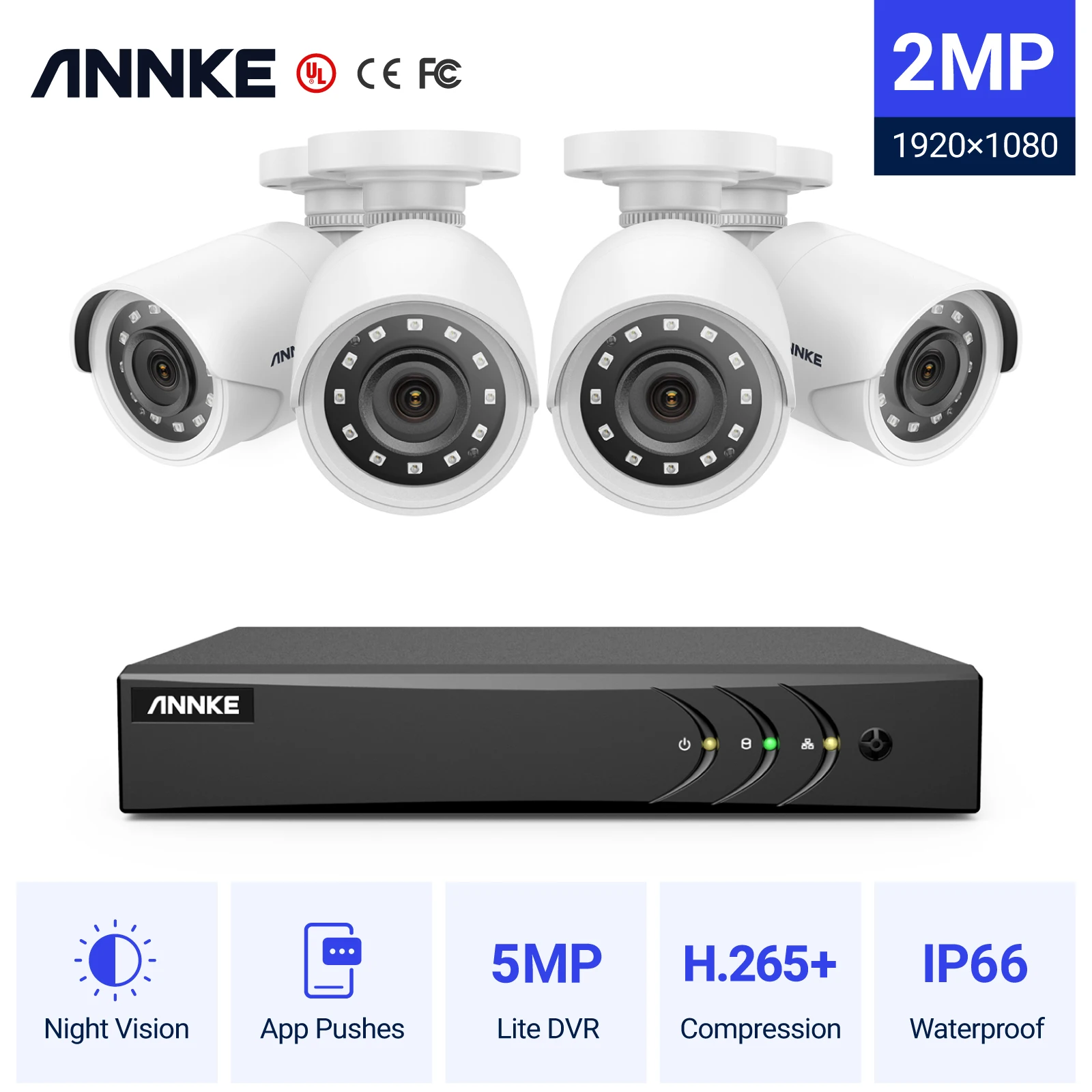 ANNKE 8CH 2MP FHD Video Surveillance System 5in1 H.265+ 5MP Lite DVR With  4PCS 1080P Outdoor Weatherproof Security Cameras CCTV