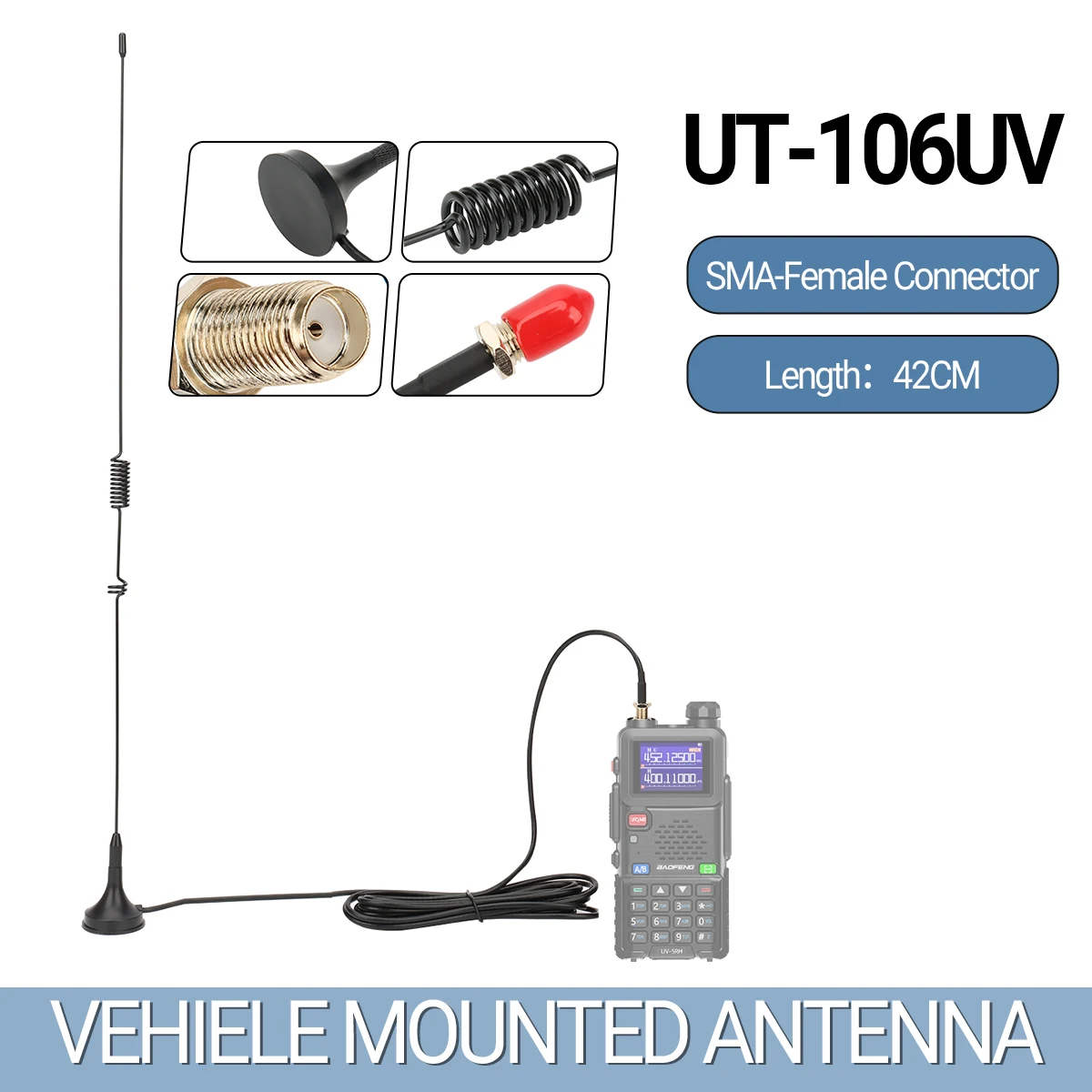 UT-106UV 차량용 안테나 마그네틱 SMA-암 듀얼 밴드 안테나 (바오펑 UV-5R 미니 BF-888S UV-21 PRO V2 콴셩 UV-K5 UV-K6 호환)