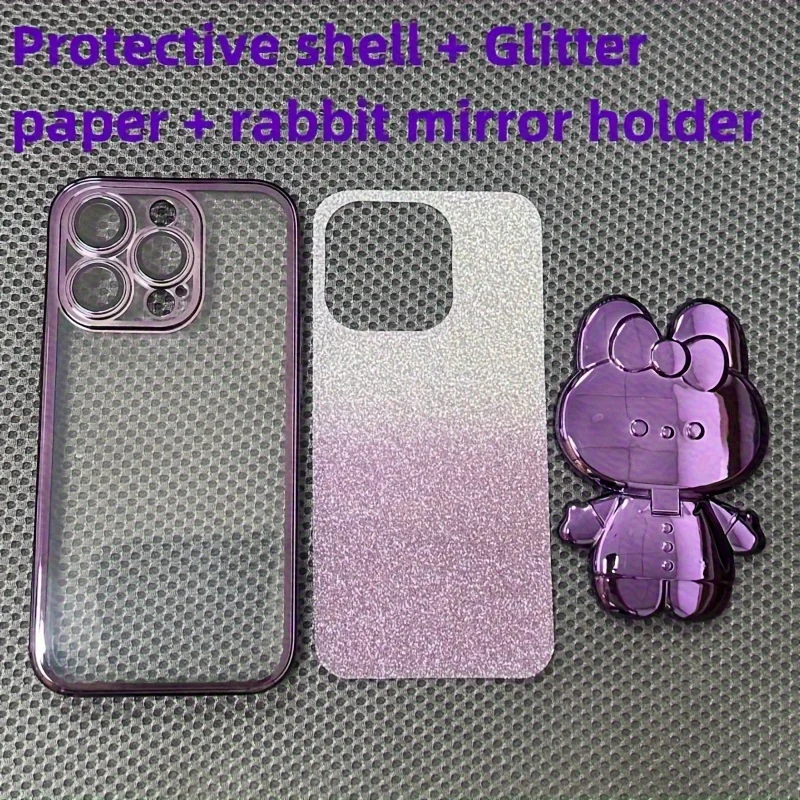 Glitter Gradient Plating Rabbit Mirror Case with Holder and Lens Protection