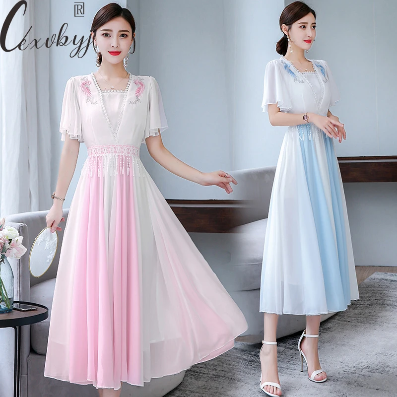 

Women Embroidery Prom Dress Korean Fashion V-Neck Print Chiffon Bodycon Dress Slim Waist Short Sleeve Vintage Dress Plus Size