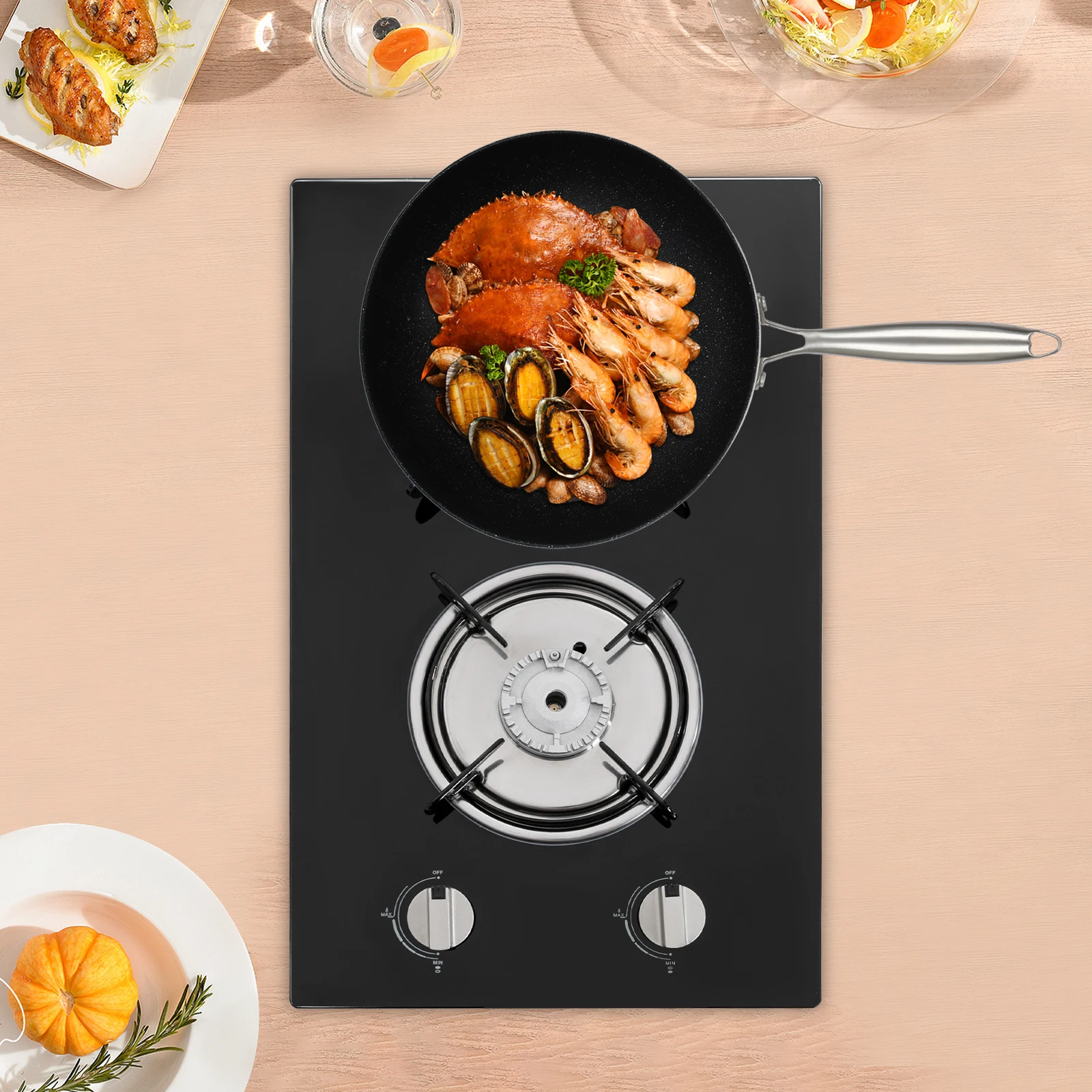 Modern Black 2/4 Burner Gas Cooktop with Toughened Glass Kitchen Countertop Stove Adjustable Firepower for Cooking
