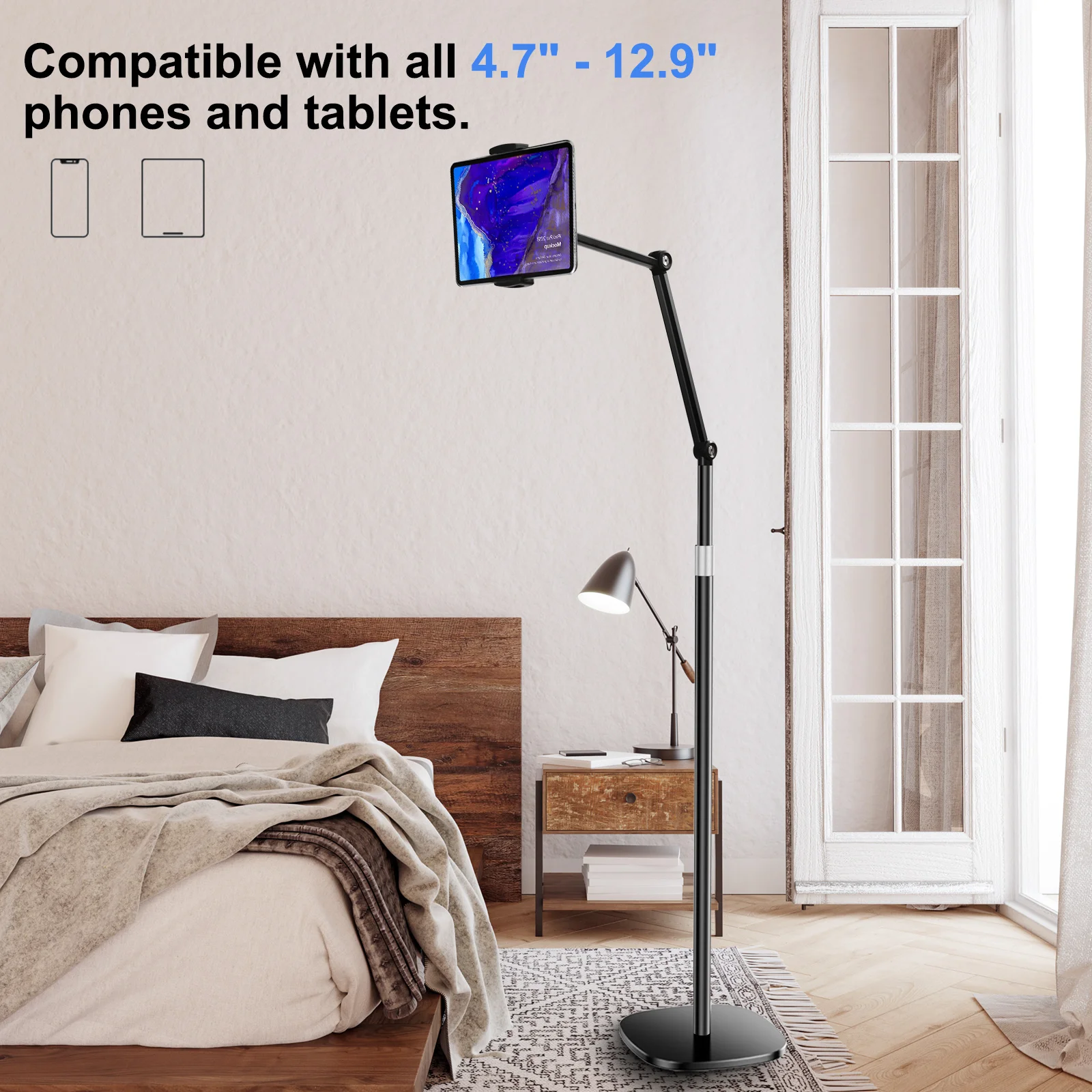 Eary Tablet Phone Floor Stand 360 Adjustable Height Angle Wider Heavier Metal Base Compatible With 4.7~12.9 Inch Screen Devices