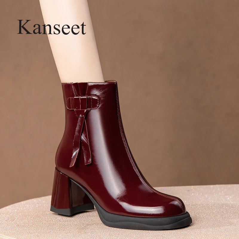 

Kanseet Real Leather Shoes High Quality Women's Short Boots Autumn Winter Round Toe Fashion 7.5cm High Heels Ladies Ankle Boots