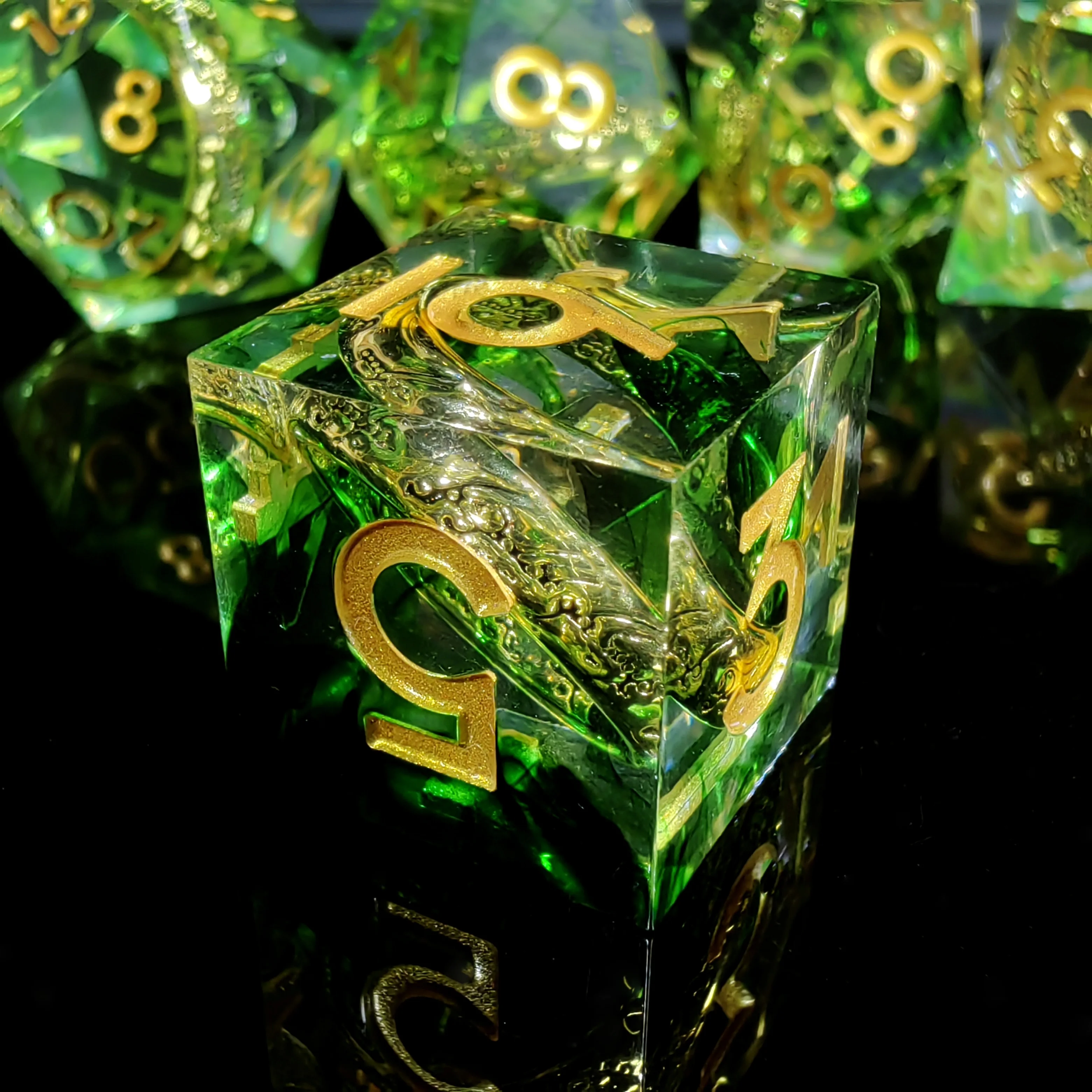 DnD Dice Set-7pc Resin Polyhedral Dice with Dragon Ring Core, Emerald Green D&D for RPG Games