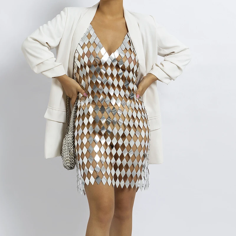 

Women See Through Backless Mini Dress Geometric Rhombus Sequins Spaghetti Strap Sexy See Through Sleeveless Cover Up Dresses