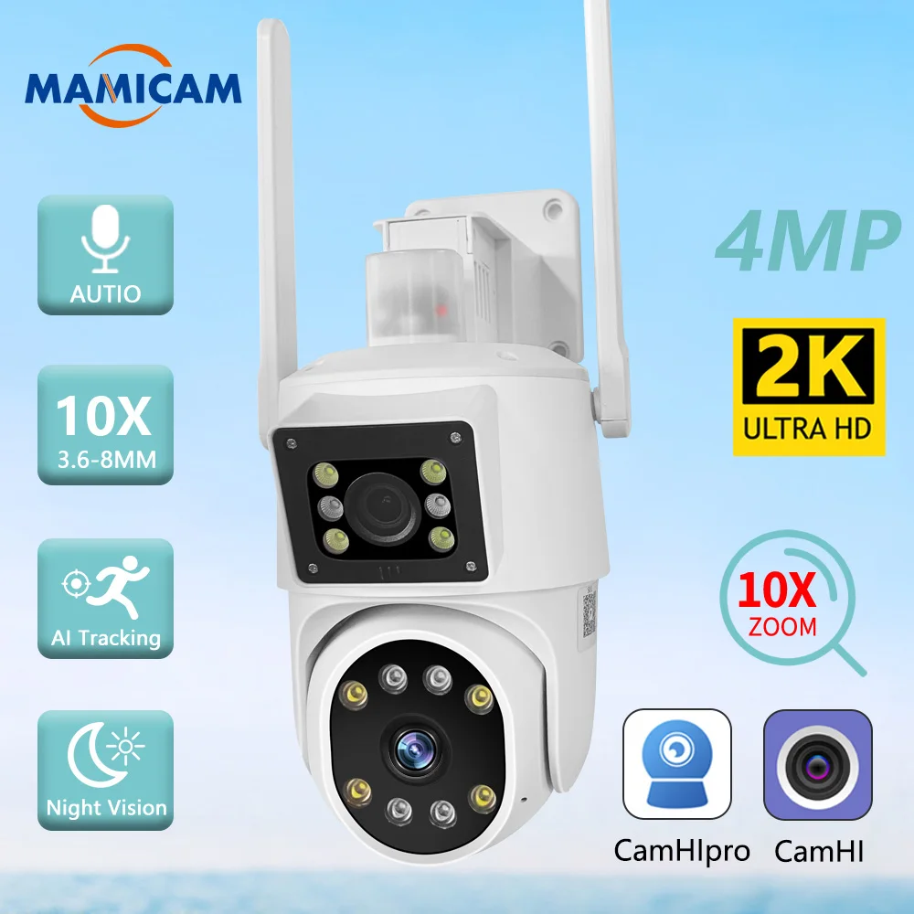 2K 4MP WiFi IP Camera 3G 4G SIM Card Dual Lens Dual Screen PTZ Outdoor Security CCTV Video Surveillance Alarm Light Camhi APP