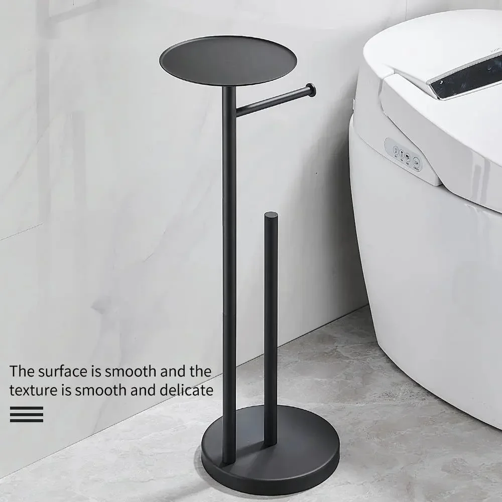 Floor Standing Toilet Paper Holder With Shelf Storage Stainless Steel Black Roll Paper Dispenser Bathroom Organization