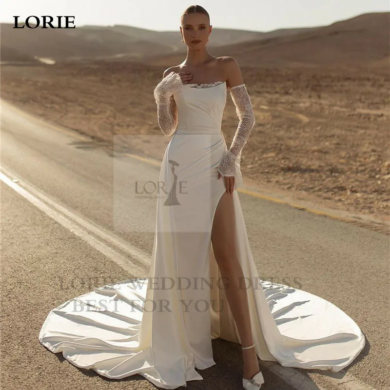 

LORIE матовые атласные свадебные платья цвета слоновой кости с разрезом по бокам платье русалки Свадебные платья с блестками длинным рукавом свадебные платья до пола