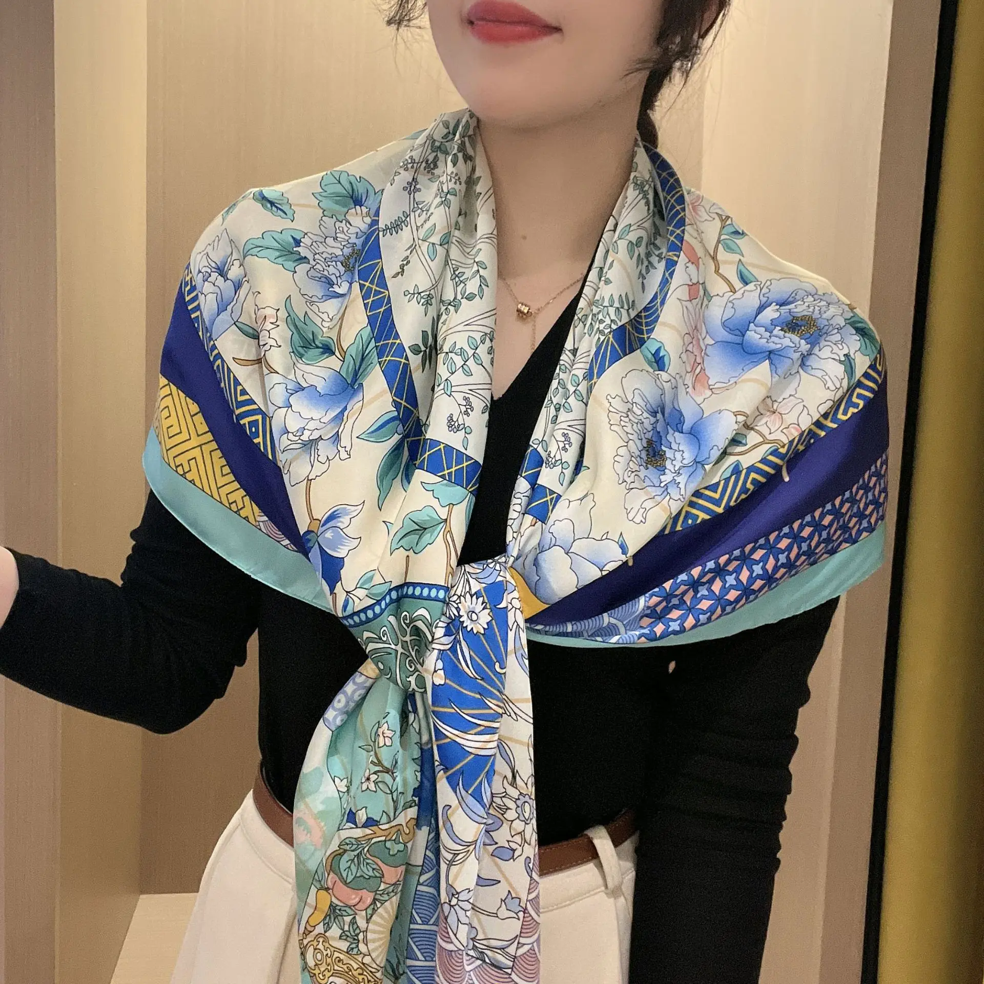110*110cm New Lijin Forge Large Square Scarf Women's Fashion Printed Silk Scarf Travel Beach Sun Protection Shawl Headscarf