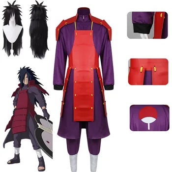 Costume Cosplay Anime Uchiha Madara, Armatura Rossa, Veste Viola, Parrucca Nera Lunga, Set Completo per Halloween e Feste in Maschera