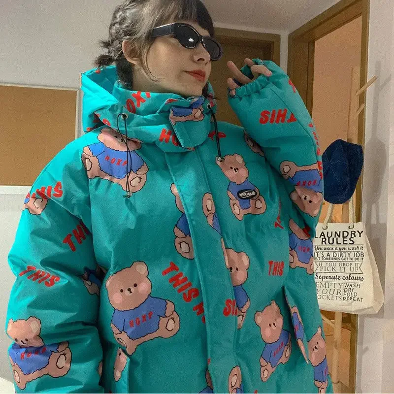 일본 귀여운 곰 패딩 재킷 여성용, 새로운 스타일, 느슨하고 두꺼운 여학생 코튼 패딩 재킷, 트렌드 코트, 겨울 2021 y2k