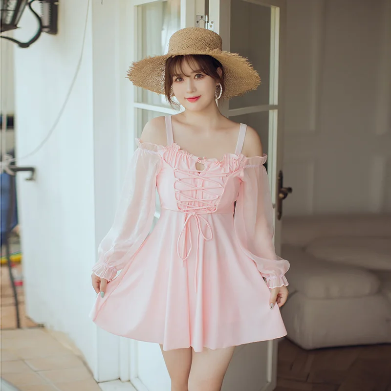 

Two Pieces Swimsuit Women Lovely Long Sleeve Lace Patchwork Off Shoulder Skirt Plus Size Swimdress Women Push Up Bodysuit 2023