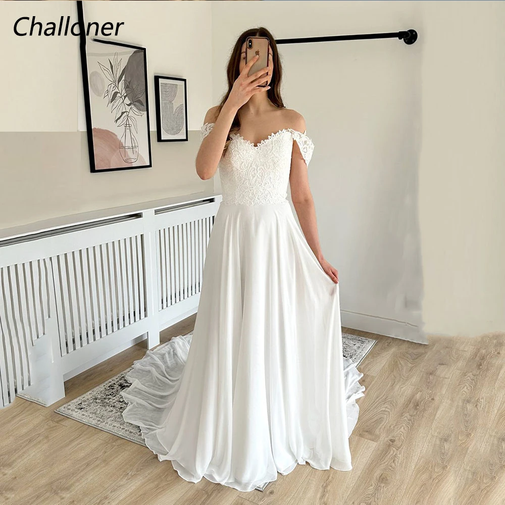 

Challoner Elegant Wedding Dress Sweetheart Off Shoulder Lace Applique Backless Chiffon Bridal Gown Floor Length Vestido De Novia