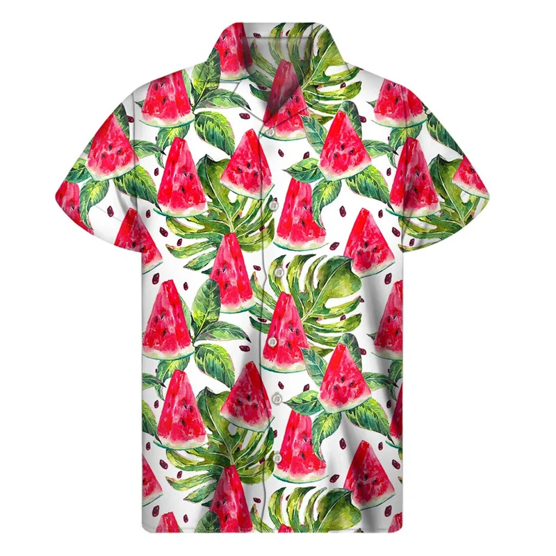 thumbnail image 1 of Camisa hawaiana con estampado de sandía tropical, camisa de verano de calle de manga corta con botones y estampado 3D de frutas, ropa para hombre, blusa con solapa, 1 of 5