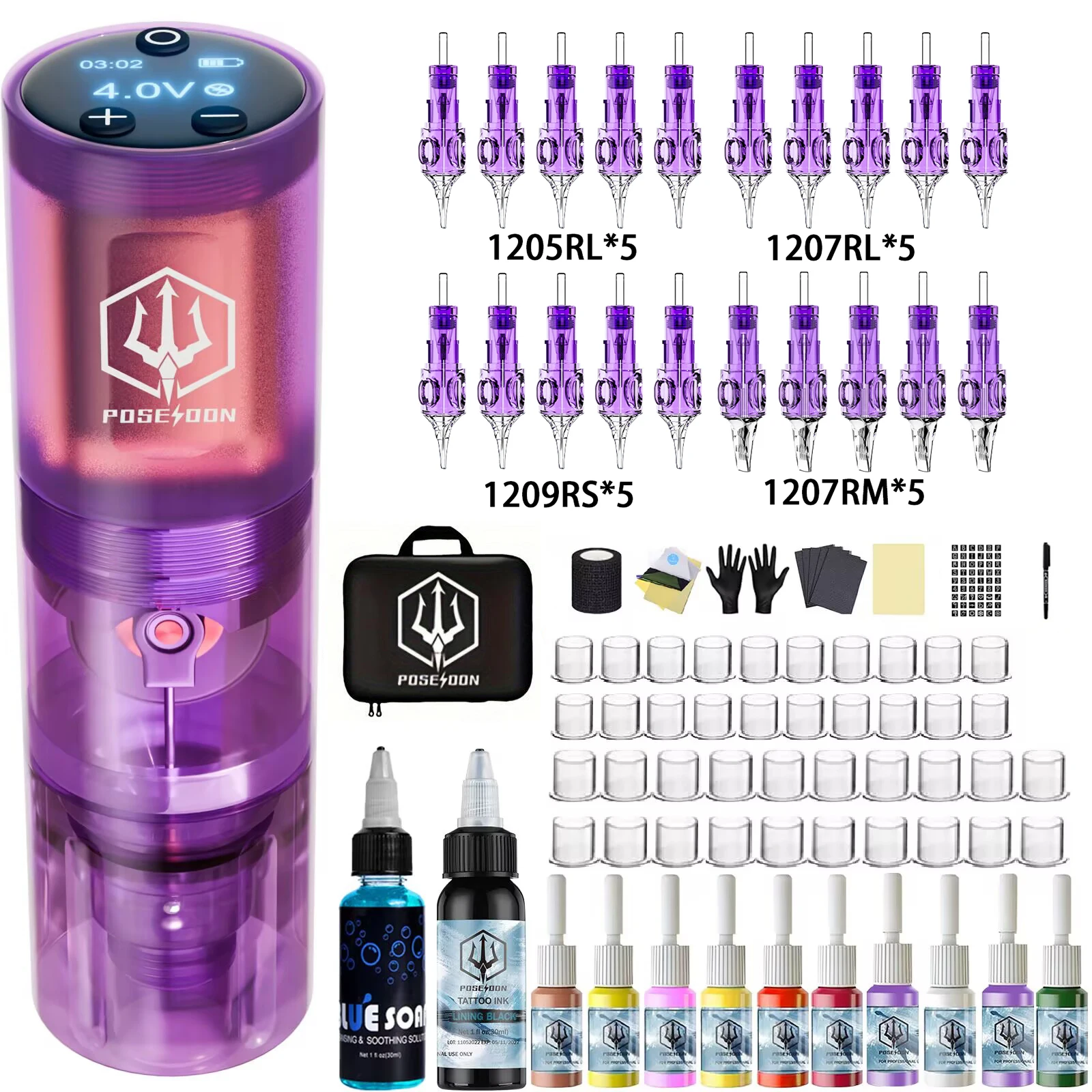 Tattoo Kit POSEIDON High Quality Tattoo Pen Kit For Permanent Makeup Machine New Purple Power Supply Gun Ki tattoo machine kit
