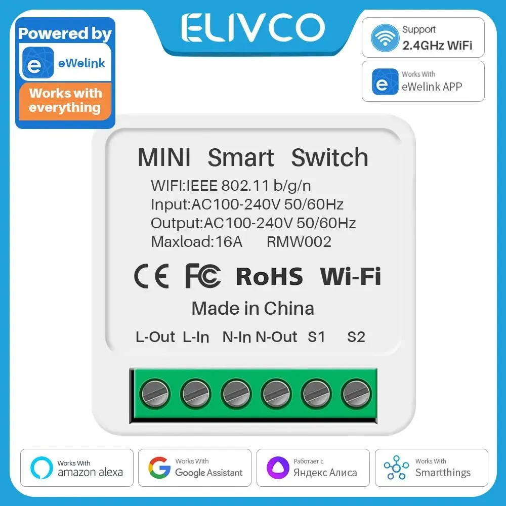 ELIVCO Mini Smart Wifi Switch 16A, 2 Way DIY switches circuit breaker timer module eWelink support Alexa Google Home Alice SmartThings
