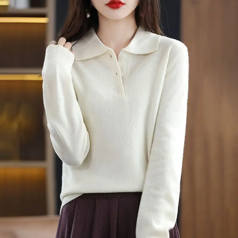 

Spring Autumn Knitted Cashmere Pullover Solid POLO Collar Wool Women Sweaters Female Soft Long Sleeve Warm Basic Knitwear H054