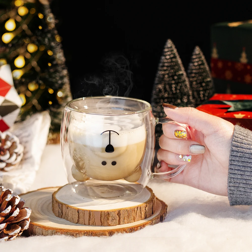 1pc Creative Cute Bear Double-layer Coffee Mug, Carton Double Glass Cup Milk Glass Lady Cute Bear Gift Christmas Gift Girls Gift