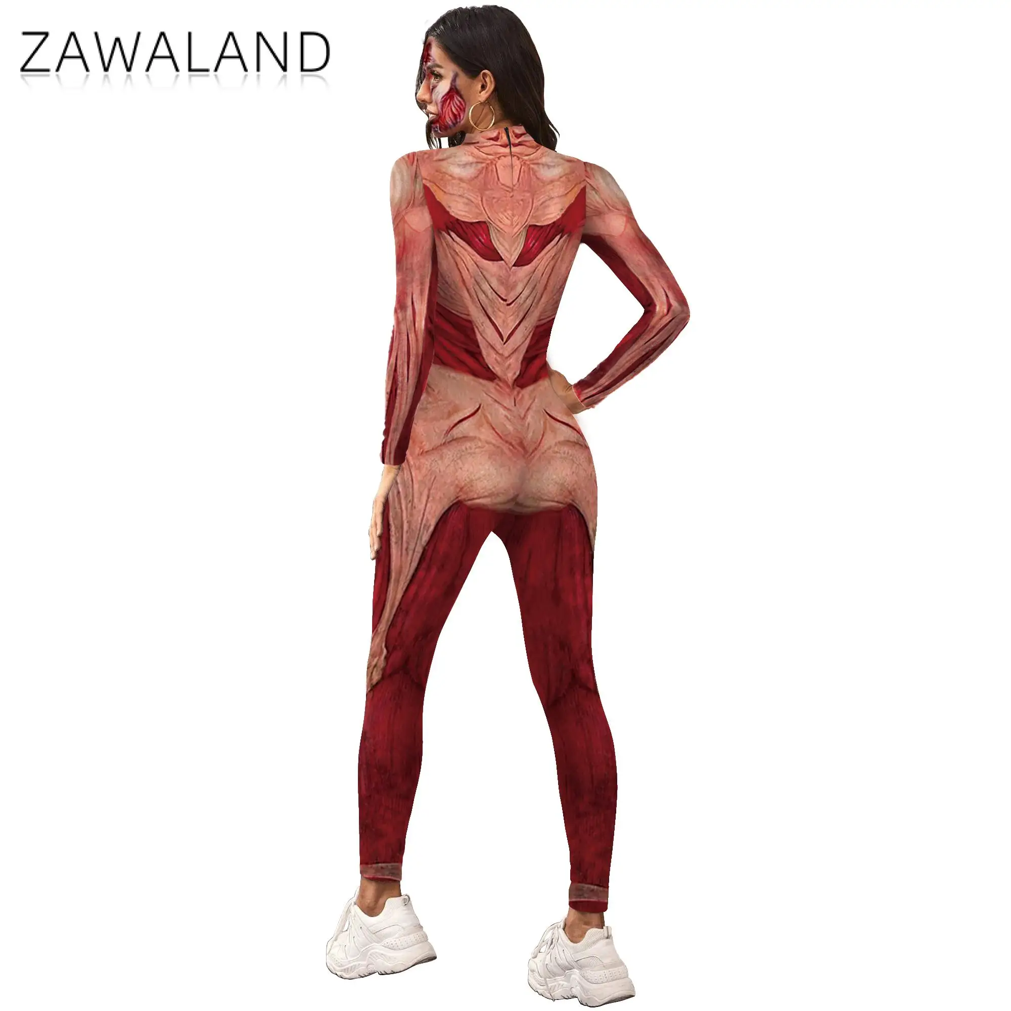 Cosplay Costume-Zawaland Halloween 3D Printing Body Muscle Jumpsuits for Adult Skeleton Performance