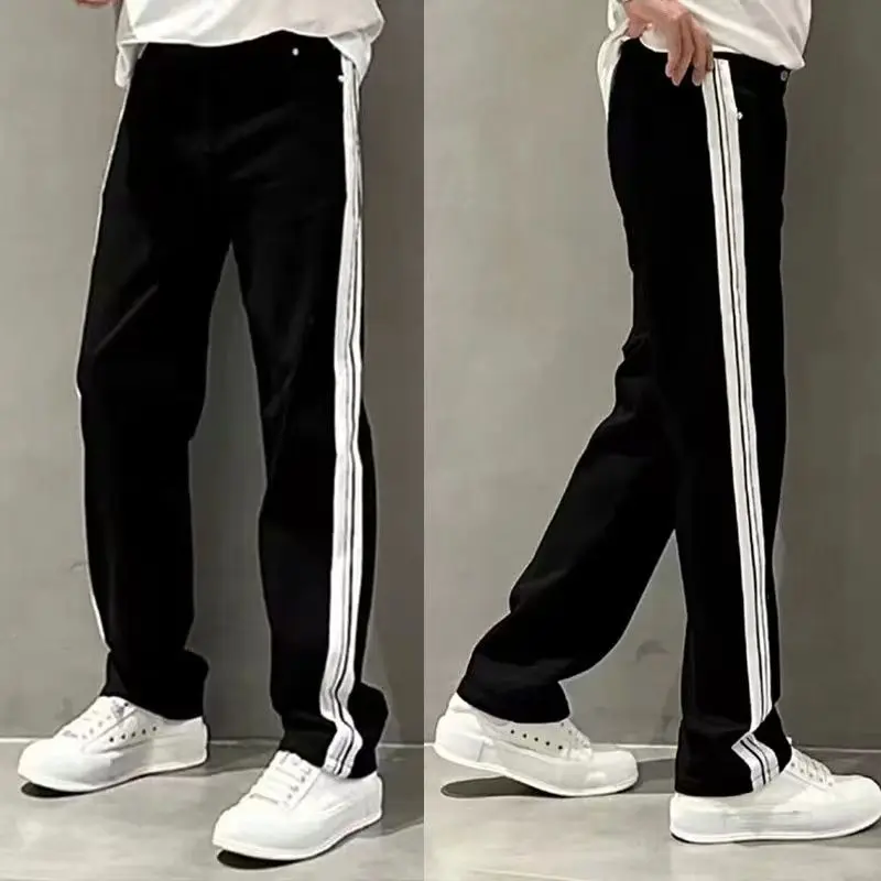 Spring Autumn Loose Casual Elastic Waist Straight Pants Men Simple Patchwork Fashion All-match Sweatpants Male Wide Leg Trousers