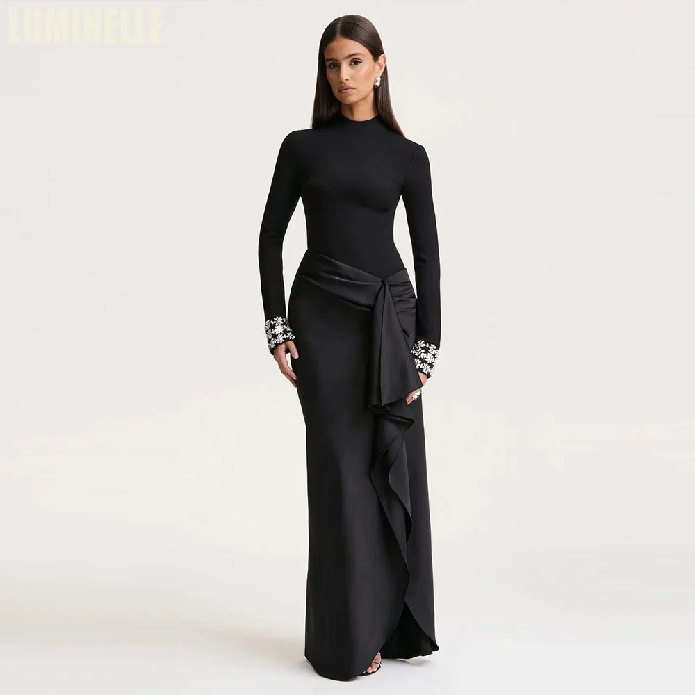 long sleeve beaded dress Emerald Green Couture Long Hand Formal for Women's Black Leather Shoes, 顏色:灰藍 mermaid wedding dresses