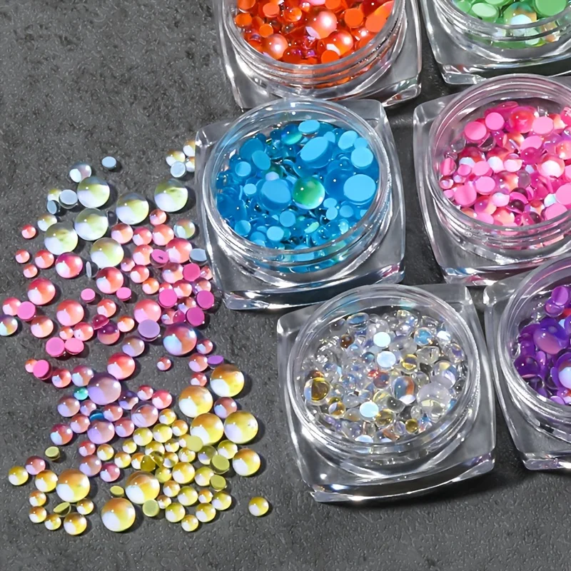 

6 jars/set 3D Rainbow Mermaid Beads 3D Nail Art Rhinestone Aurora Resin Crystal Bubble Flatback Macaron Glass Nail Rhinestones