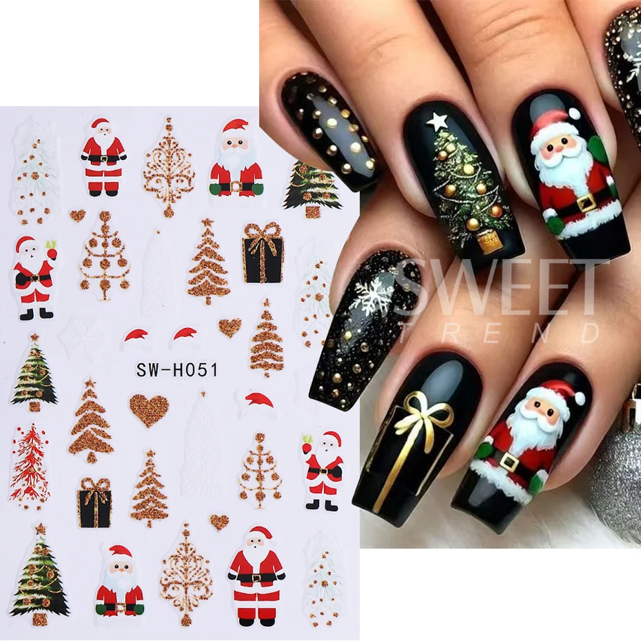 2pcs Cartoon Christmas Nail Stickers Self-Adhesive Winter Xmas Tree Santa Claus Love Nail Decals Manicure Decoration Sliders