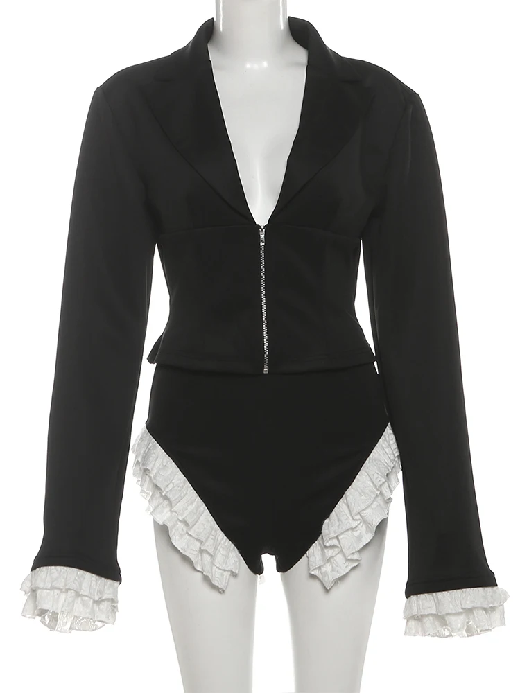 Nibber Patchwork 2-Piece Set Women Zipper v-Neck Flare Sleeve Crop Tops+Lace Mini Shorts Office Style Elegant Hipster Suits