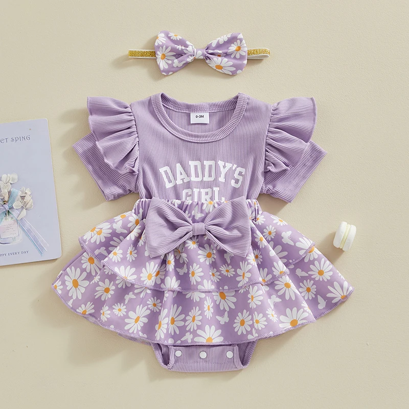 

Daddy’s Girl Baby Outfit Ruffle Short Sleeve Letter Print Romper Dress Daisy Tutu Skirt Bodysuit with Headband Set